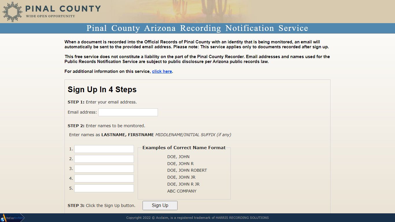 Pinal County Arizona Recording Notification Service